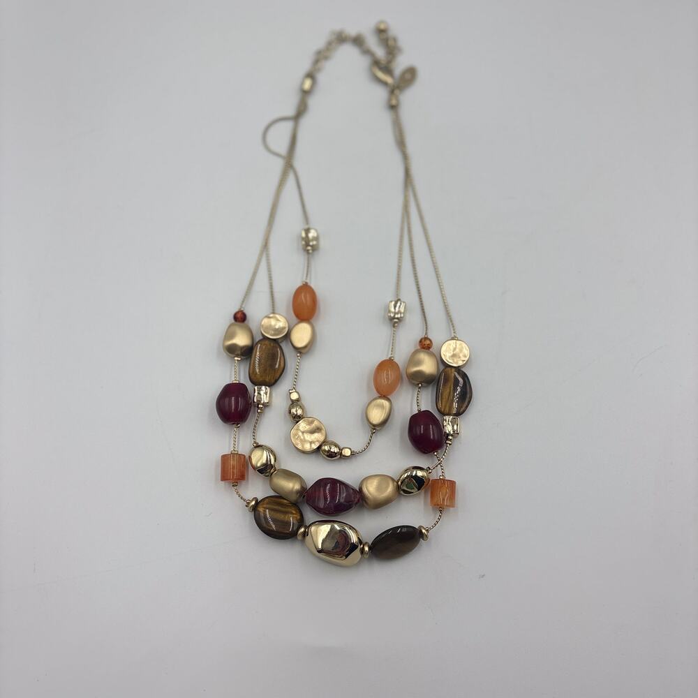 Chico's Three-Strand Beaded Necklace Gold-Tone Chain Amber & Maroon Glass Beads